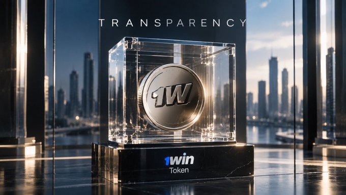 A silver "1W" token is displayed inside a transparent cube on a polished pedestal labeled "1win Token," with the word "TRANSPARENCY" above it, set against a sleek cityscape background. This visual reinforces the post's message about 1win Token ($1W) launching a public sale on Solana at $0.03 per token with a $30M FDV.