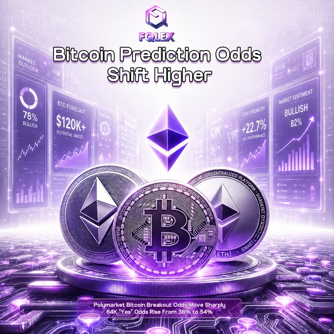 The image displays a promotional graphic from FQL Exchange titled "Bitcoin Prediction Odds Shift Higher," featuring silver coins representing Bitcoin (BTC) and Ethereum (ETH) alongside futuristic data panels showing bullish market metrics—including a 78% bullish outlook, a $120K+ BTC forecast, +22.7% 30D performance, and 82% bullish market sentiment—which visually reinforces the post's message that Polymarket's Bitcoin breakout odds have surged from 38% to 54% for a $64K target.