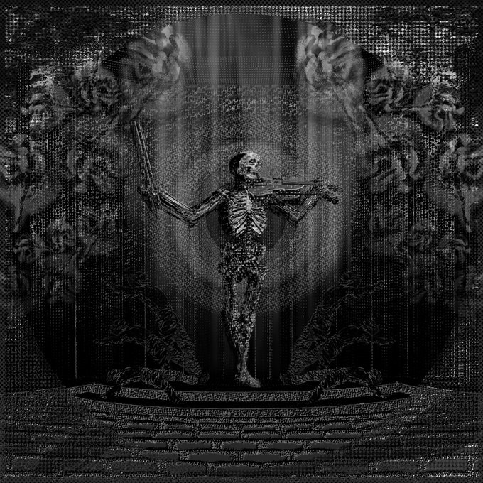 The image features an illustration of a skeleton holding a sword, surrounded by flowers and other elements that create a surreal atmosphere. The background consists of black and white tones, which further emphasizes the skeleton's presence. The caption "gn ?" suggests that this artwork is part of a larger collection or series called "Glitchtober" on @objktcom.