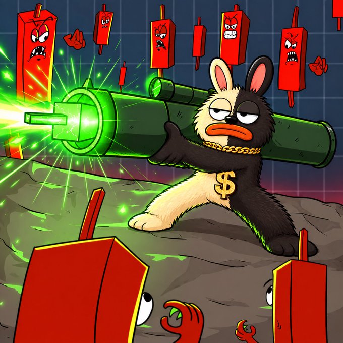 A cartoon rabbit character wearing a gold chain with a "$" pendant fires a green laser bazooka at angry red candle chart bars, visually representing an aggressive move on bearish crypto charts to promote a $200,000 $BORO token giveaway for the first 400 $SOL wallet addresses.