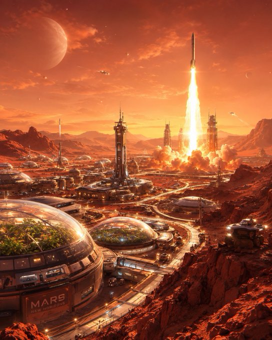 A digital artwork of a futuristic Martian colony at sunset with domed biodomes, launch towers, a rocket lifting off, and a sign reading 'MARS New Horizons'.