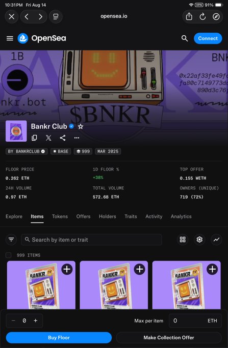 A screenshot from opensea.io showing a "Bankr Club" NFT collection on the Base blockchain, displaying stats like 0.262 ETH floor price and 572.68 ETH total volume.