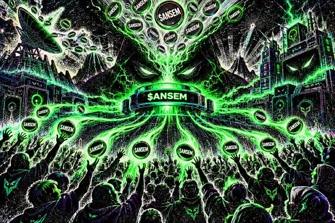 A vibrant green-toned digital illustration featuring the $ANSEM token prominently in the center, surrounded by cheering crowds, speakers, and floating tokens, suggesting a meme coin or crypto promotion.