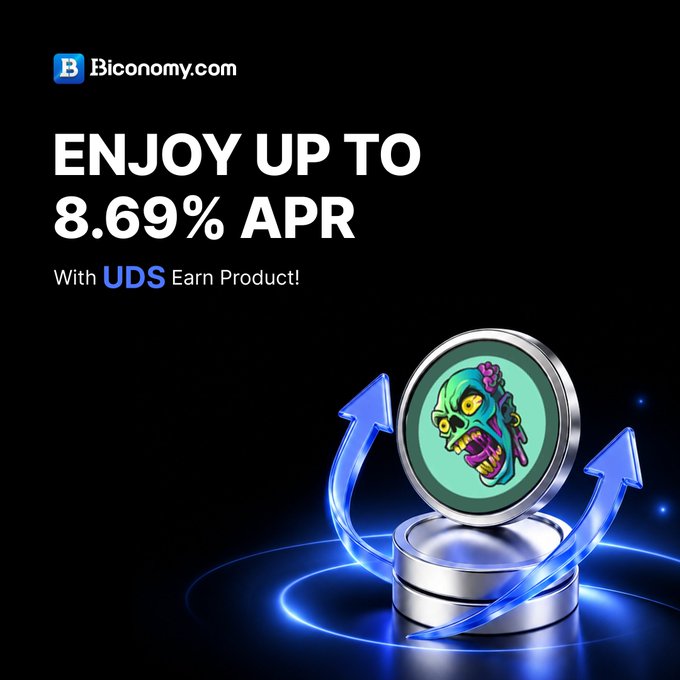 A promotional advertisement from Biconomy.com offering "UP TO 8.69% APR With UDS Earn Product", featuring a 3D skull coin on a stack.