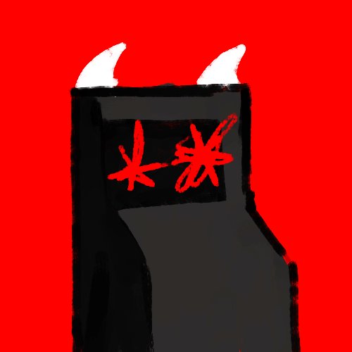 A black, hooded figure with white horns and red "X" eyes stands against a vivid red background, fitting the RH MACHINE NFT collection's dark, industrial aesthetic. The image evokes the "burning" of factory machines referenced in the post, visually representing the destruction or elimination of inventory in the RH MACHINE collection.