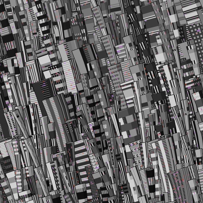 Abstract digital artwork featuring a dense, chaotic cluster of metallic gray, black, and white rectangular blocks with small colored accents resembling a futuristic circuit board or cityscape.
