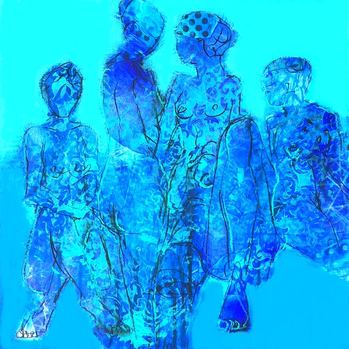 The image displays four abstract, blue-toned figures standing together against a bright cyan background, rendered in a textured, painterly style with a small signature visible in the bottom left corner.