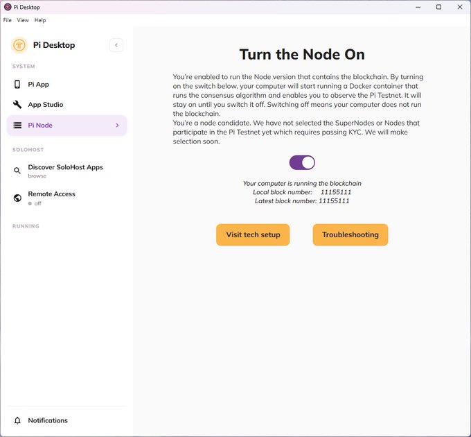 The image displays the Pi Desktop application's "Turn the Node On" page, showing that the computer is actively running the blockchain with a local block number of 11155111 and latest block number 11155111, matching the impressive block number mentioned in the post. The toggle switch is in the "on" position (purple), confirming the user's claim of capturing this notable block number.