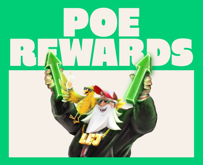 Promotional graphic titled 'POE REWARDS' featuring a bearded character with sunglasses holding up two green upward arrows alongside a yellow bird/chicken.