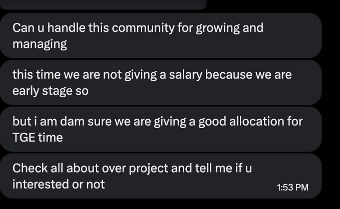 A screenshot of a DM offering an unpaid "Community Manager" role for a crypto project, promising token allocation at TGE instead of salary, which illustrates the type of low-effort opportunity scam the post warns against.