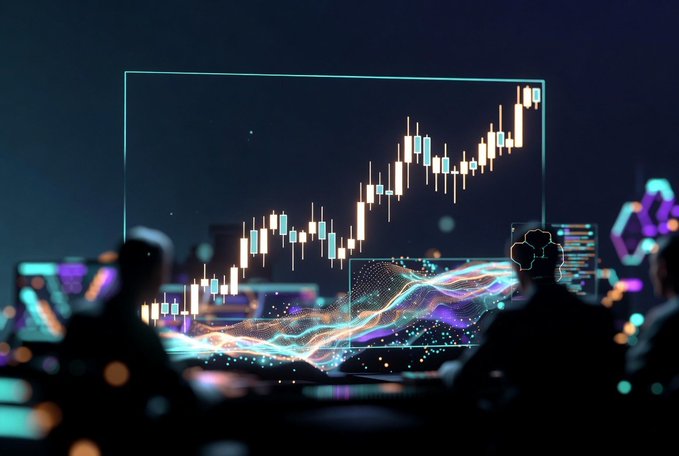A futuristic scene of silhouetted figures viewing glowing holographic candlestick trading charts and digital data visualizations in a dark environment.