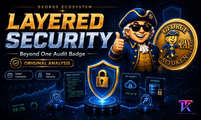 A promotional graphic for "George Ecosystem" highlights "Layered Security – Beyond One Audit Badge" alongside a mascot in colonial attire giving a thumbs-up next to a "George Paytoken" gold coin, with icons representing Smart Contracts, App Security, and Database protection achieving a 98.7% security score—visually reinforcing the text's emphasis on multi-layered, proactive security measures like PostgreSQL and Zod validation integrated into the ecosystem from the start.