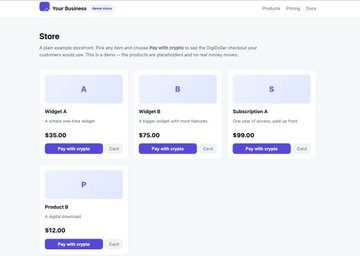 The image shows a DigiByte store page with four pricing options: Widget A for $35, Widget B for $75, Subscription A for $99, and Product E for $12, all available for crypto payment. This demonstrates the merchant toolkit being shared, showing how businesses can easily set up a digital storefront to accept $DGB (DigiByte) and DigiDollar payments non-custodially.