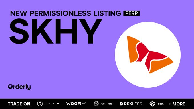 Orderly network announcement for a new permissionless perpetual listing of SKHY token, featuring an orange fish logo on a purple background with trading platforms listed below.