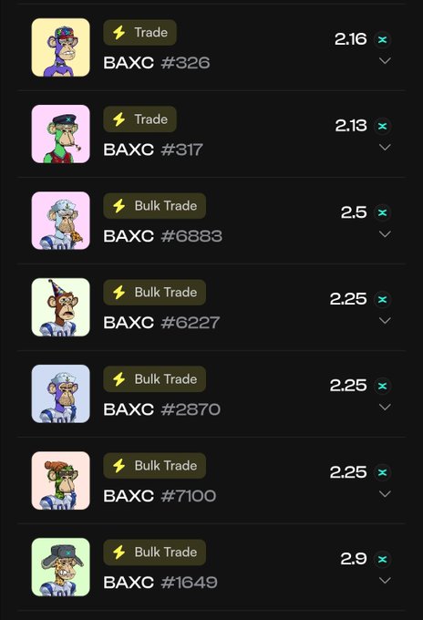 A marketplace listing showing multiple BAXC (Bored Ape) NFTs with various Bored Ape Yacht Club images, including Trade and Bulk Trade options with prices in ETH.