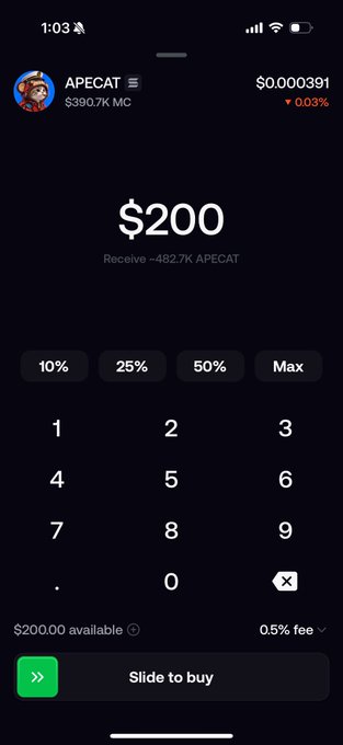 A mobile cryptocurrency trading interface displays the APECAT token priced at $0.000391 with a market cap of $390.7K MC, showing a downtrend of 0.03%. The screen indicates a purchase amount of $200, which will receive ~482.7K APECAT, with a 'Slide to buy' button at the bottom.