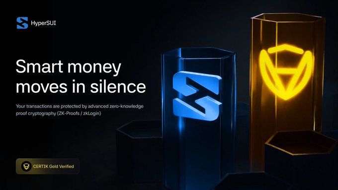 An ad reading 'Your transactions are protected by advanced zero-knowledge proof cryptography (ZK-Proofs / zkLogin)' for HyperSUI, marked as 'CERTIK Gold Verified', with 'Smart money moves in silence' as the headline.