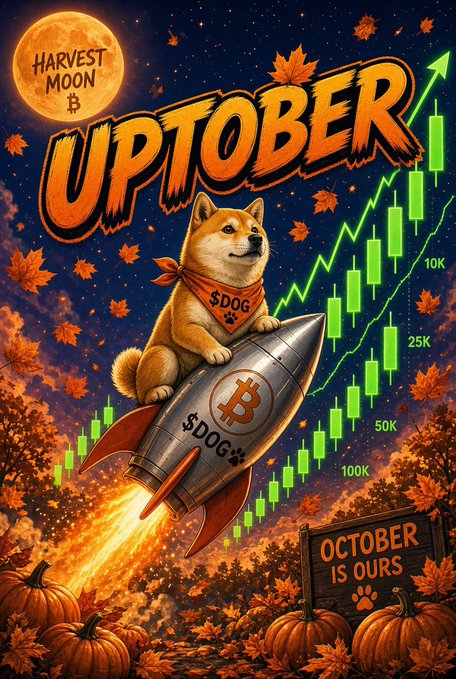 A vibrant Halloween-themed digital illustration titled 'UPTOBER' featuring a Shiba Inu dog wearing a $DOG bandana riding a rocket labeled with Bitcoin and $DOG symbols, set against a rising green stock chart with price markers (10K, 25K, 50K, 100K), a harvest moon, autumn leaves, and pumpkins, with a sign reading 'OCTOBER IS OURS.'