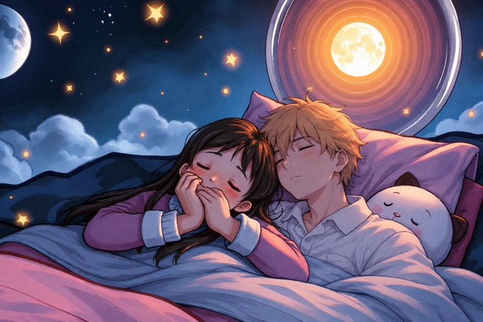 An anime-style illustration shows a young couple sleeping peacefully under a blanket with a starry night sky and large moon in the background, alongside a cute cat plushie.