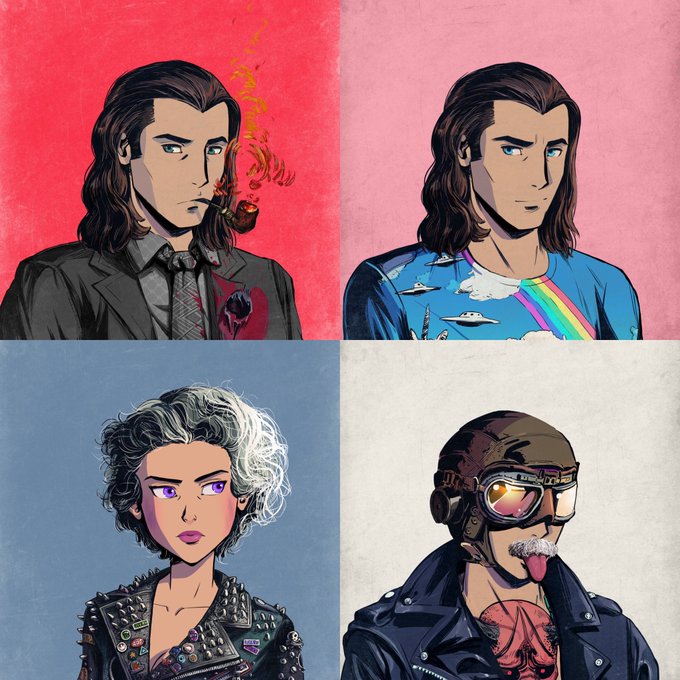 A four-panel illustration showing stylized character portraits—a smoking man in a suit, a man in a UFO-patterned shirt with a rainbow, a purple-eyed punk woman in a studded leather jacket, and a leather-helmeted figure sticking out his tongue—each set against a different colored background, accompanying a post about capital returning to crypto, Solana's role as a decentralized execution venue, and the anticipated resurgence of NFTs.