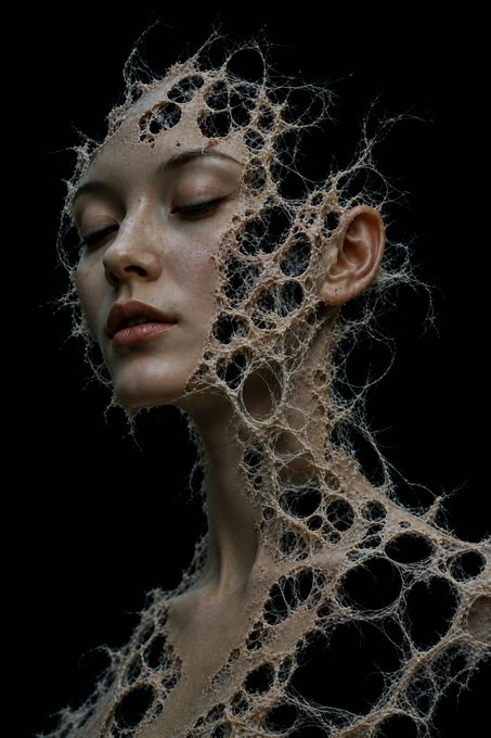 A surreal, high-fashion portrait of a woman with her eyes closed, whose head and neck dissolve into an intricate, web-like, cellular structure that spreads outward against a black background.