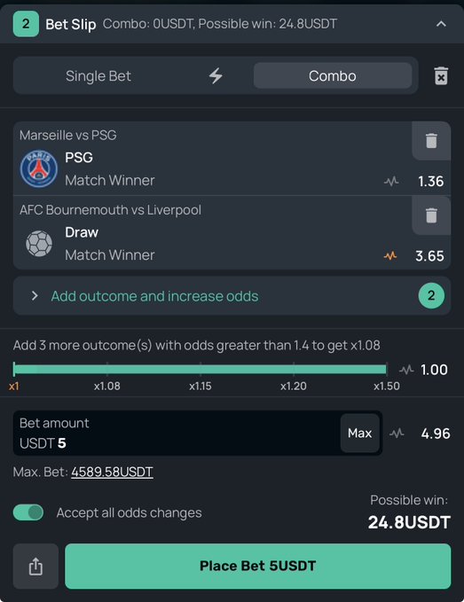 A betting app interface shows a combo bet slip with two selections: PSG to win Marseille vs PSG (1.36 odds) and Draw in AFC Bournemouth vs Liverpool (3.65 odds), with a 5 USDT bet amount and possible win of 24.8 USDT.