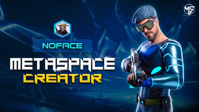 A digital artwork of a character with a beard, sunglasses, and cap holding a futuristic weapon, with text 'NOFACE', 'METASPACE CREATOR', and 'MF OFFICIAL' logo.