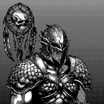 A greyscale pixel art illustration of an armored knight holding a staff topped with a skull and dreamcatcher design.