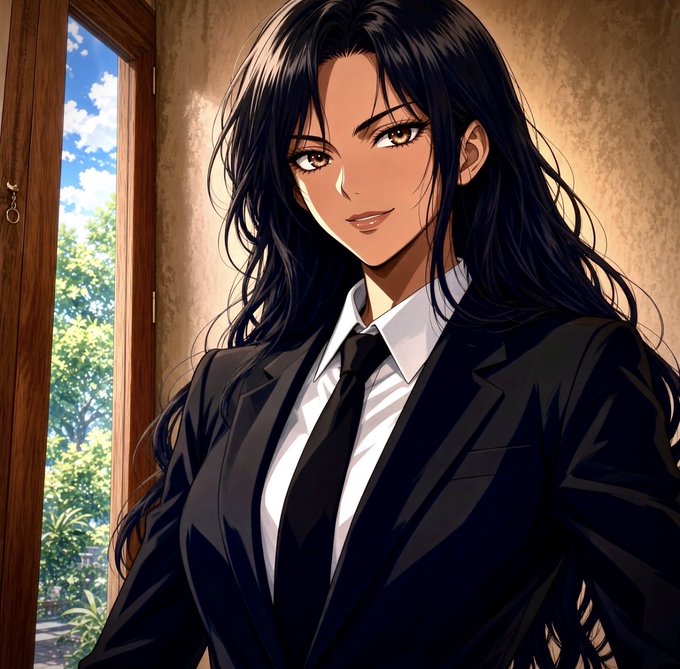 An anime-style illustration of a woman with long flowing black hair wearing a black suit jacket, white shirt, and black tie, standing near a doorway with greenery visible outside.
