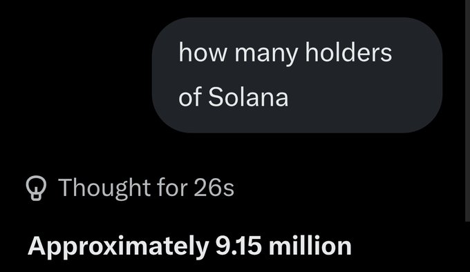 A screenshot of an AI chatbot query asking "how many holders of Solana," with the response "Approximately 9.15 million," appearing below a "Thought for 26s" loading indicator. The post's joke about rallying around one coin to hit a trillion-dollar market cap highlights that Solana already has over 9 million holders, suggesting it's already a strong candidate.