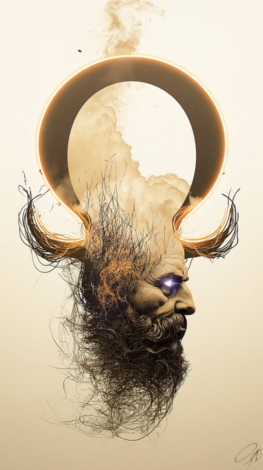 Digital art depicts a profile of a bearded face merged with a large, glowing circular halo or eclipse, with wild hair and a glowing purple eye.