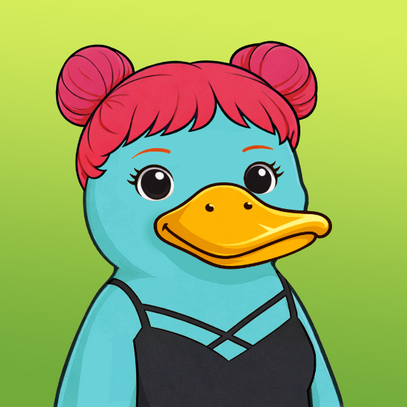 A digital illustration of an anthropomorphic duck character with light blue skin, pink hair styled in two buns, and a black top with crossed straps, set against a green gradient background.