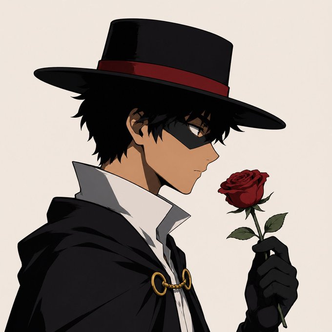 An anime-style illustration of a young man wearing a black hat and coat, holding a red rose up to his face.