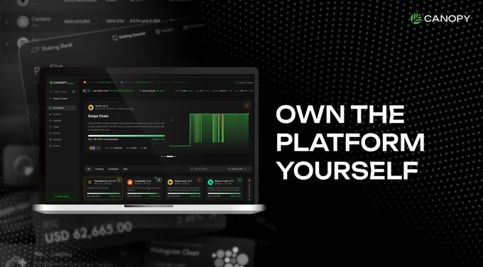 The image features a laptop screen displaying a dashboard for a cryptocurrency trading platform called Canopy. The text "OWN THE PLATFORM YOURSELF" is displayed above the laptop screen, emphasizing the idea of taking control of one's own trading environment. This message aligns with the concept of focusing on building and managing one's own infrastructure in the world of cryptocurrency trading rather than relying on shared environments or centralized systems.