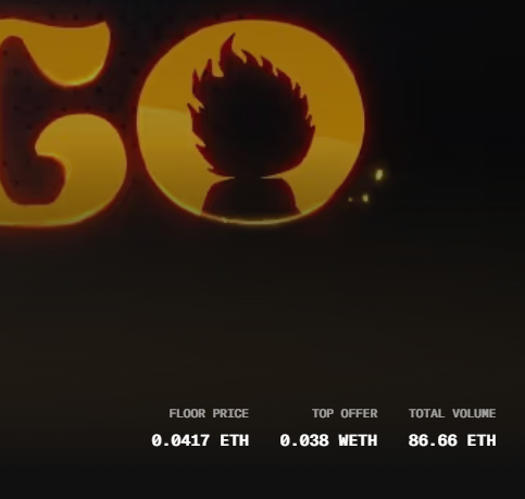 A dark screen displaying an NFT marketplace interface with an orange silhouette avatar, showing FLOOR PRICE 0.0417 ETH, TOP OFFER 0.038 ETH, and TOTAL VOLUME 86.66 ETH.