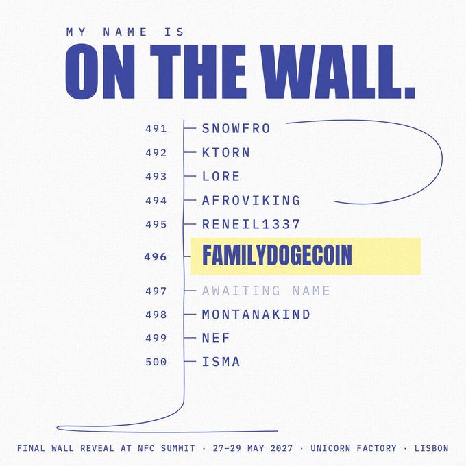 A graphic titled 'MY NAME IS ON THE WALL' highlighting 'FAMILYDOGECOIN' at position 496, with a final reveal scheduled for the NFC Summit in Lisbon.