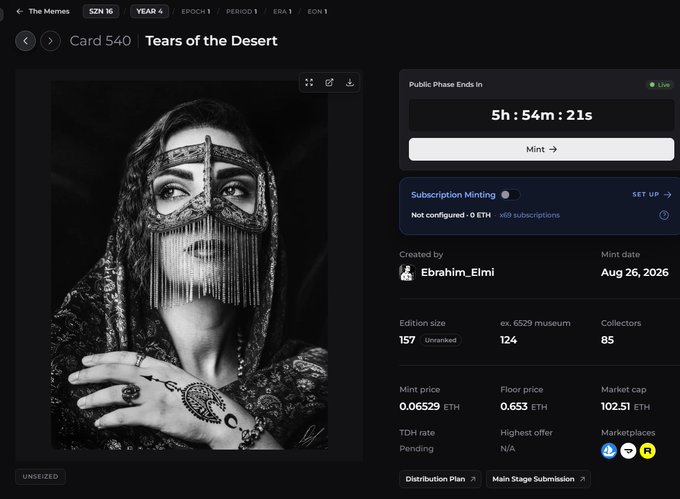 NFT minting page for 'Tears of the Desert' (Card 540) from 'The Memes' collection by Ebrahim_Elmi, showing a mint price of 0.06529 ETH, 157 unranked edition size, and public phase ending in 5h 54m 21s.