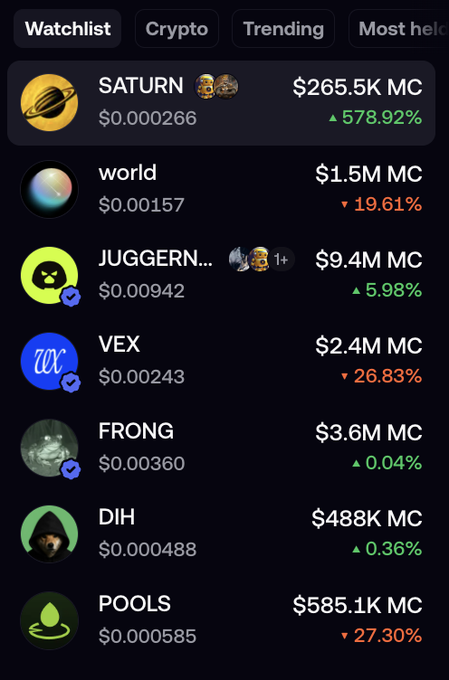 A crypto watchlist app screen displaying tokens including SATURN ($265.5K MC, +578.92%), world ($1.5M MC), JUGGERN... ($9.4M MC), VEX ($2.4M MC), FRONG ($3.6M MC), DIH ($488K MC), and POOLS ($585.1K MC).