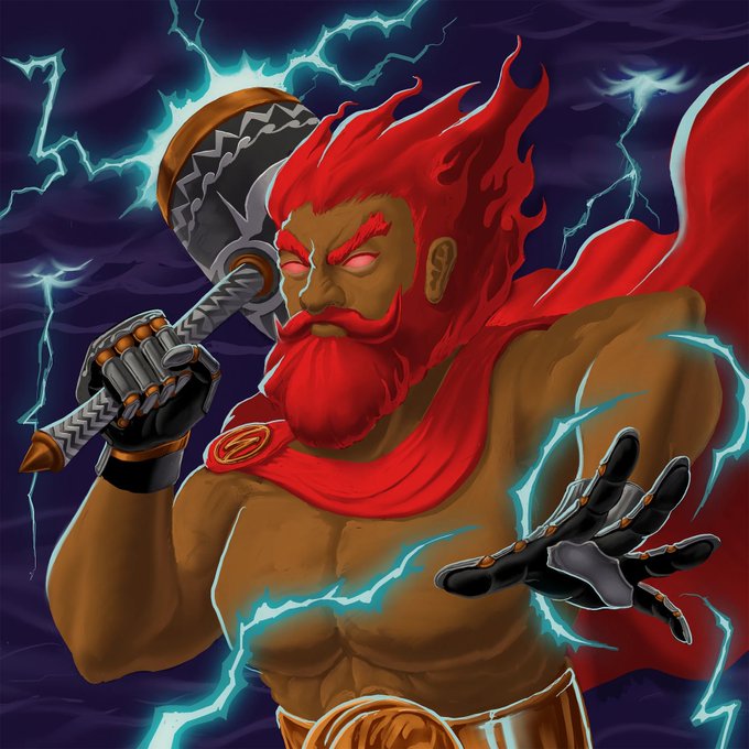 Digital artwork of a muscular warrior with glowing red eyes, flowing red hair, and a beard, wielding an axe while surrounded by blue lightning.