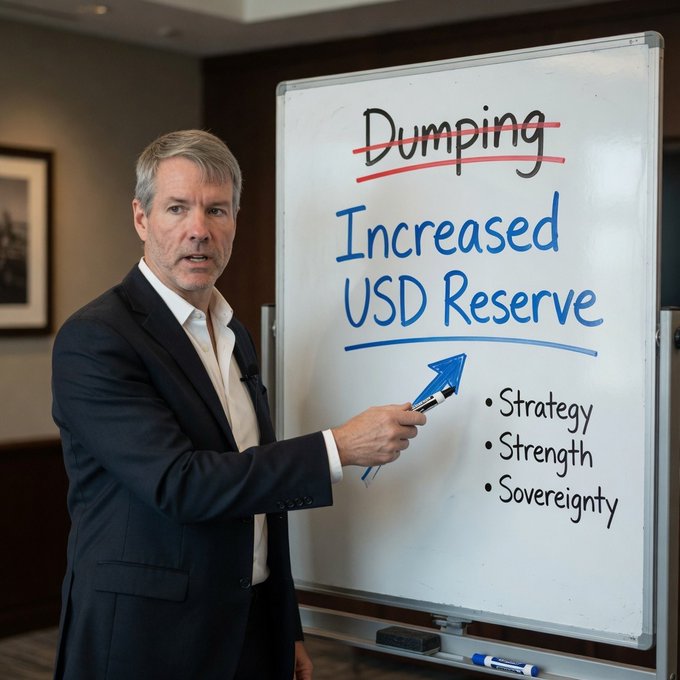 A man in a suit stands beside a whiteboard pointing to text that reads 'Dumping' (crossed out), 'Increased USD Reserve' with bullet points: Strategy, Strength, Sovereignty.