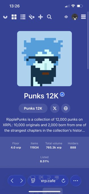 A screenshot of the XRP Cafe NFT marketplace showing a collection titled "Punks 12K" with 11,934 items and a total volume of 765.3k XRP. The post suggests this collection is impersonating the legitimate @xRipplePunks project, warning buyers about scammers who renamed the collection.
