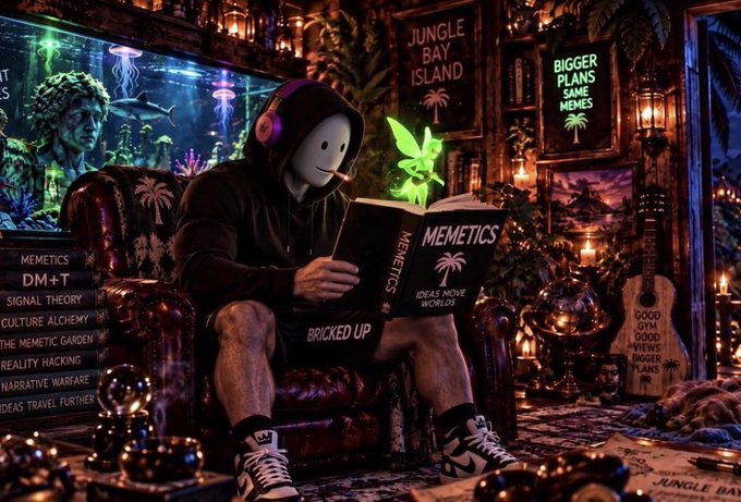 A masked figure wearing a black hoodie and headphones sits in an ornate chair reading a book titled 'MEMETICS: IDEAS MOVE WORLDS', surrounded by neon signs, lush foliage, and a guitar in a stylized room.