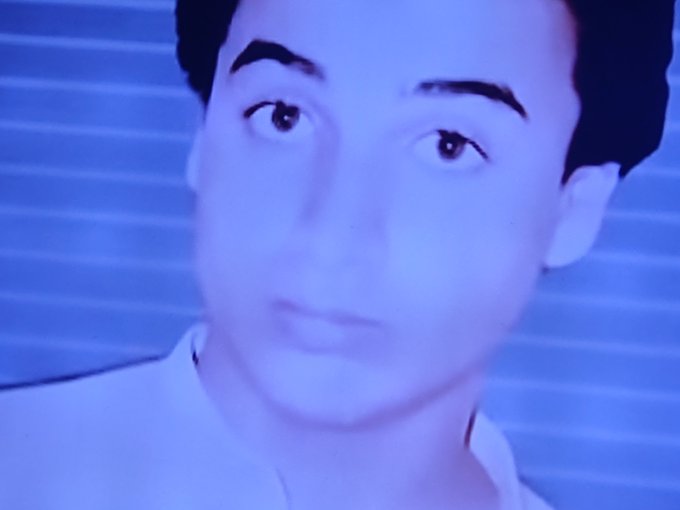 The image shows a blue-tinted, stylized portrait of a young man with dark hair, thick eyebrows, and a contemplative expression, set against a horizontally striped background. The post references "skeleton mans chain" as a playful nod to Vitalik Buterin (Ethereum's co-founder), suggesting the image is meant to depict him in a meme-like, ethereal aesthetic. The accompanying text humorously laments the crypto community's drift away from Ethereum's original ethos and calls for a return to its roots.