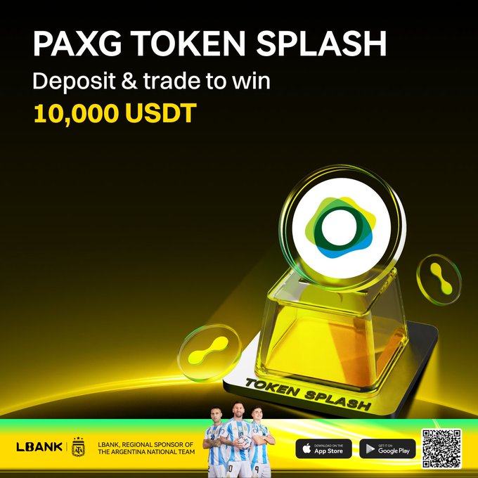 A promotional banner for LBank's "PAXG Token Splash" campaign invites users to deposit and trade $PAXG to win a 10,000 USDT prize pool, featuring a 3D trophy graphic with the PAXG logo and two soccer players in Argentina jerseys at the bottom alongside app download links.