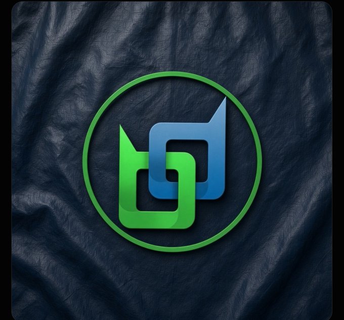 Circular logo with green and blue intertwined shapes against a dark leather-textured background.