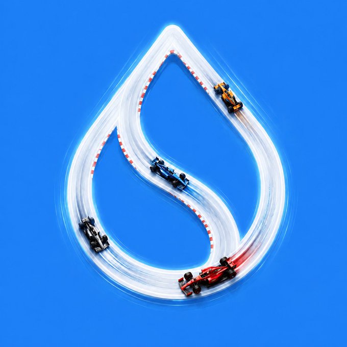 A stylized graphic showing three Formula 1 race cars speeding along a curved white track shaped like a water droplet against a vibrant blue background.