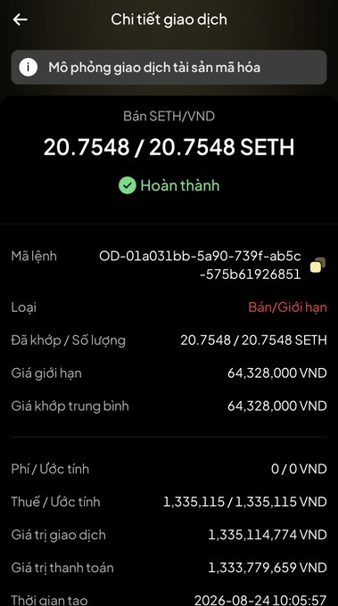 The image shows a completed SCEX transaction selling 20.7548 SETH for 64,328,000 VND each, totaling 1,333,779,659 VND after 1,335,115 VND tax. It appears to document the poster’s profitable ETH sale and supports their claim of taking profits on SCEX.