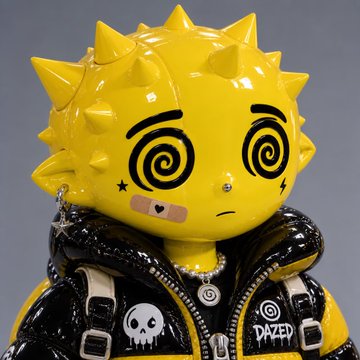 A glossy yellow spiked PFP figurine with swirly hypnotic eyes, a bandaged cheek, and a leather jacket featuring "DAZED" text and a skull emblem reads as a stylized crypto-art character. The caption's emphasis on "CRYPTO PFP ART" and being a "DERIVATIVE" directly mirrors the image, which presents an NFT-style profile picture designed purely as collectible art rather than tied to staking, tokens, or KOL hype.