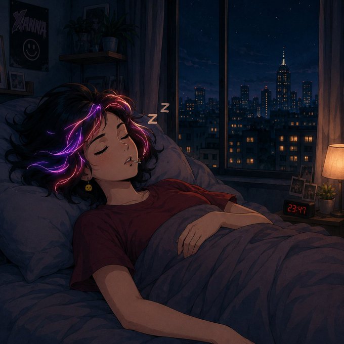 An anime-style illustration of a young woman sleeping in bed at night with a city skyline visible through the window, a digital clock reading 23:47, and stylized glowing purple/pink text in her hair.