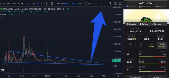The image displays a DexScreener chart for the OWO/SOL trading pair showing a massive price spike to $72.75K with an 11.25% recent change, accompanied by market stats including $68K liquidity and $4.2K 24-hour volume. The dramatic upward blue arrow illustrates the token's explosive growth, visually reinforcing the post's claim about recovering from losses to make a substantial gain on $BERT.